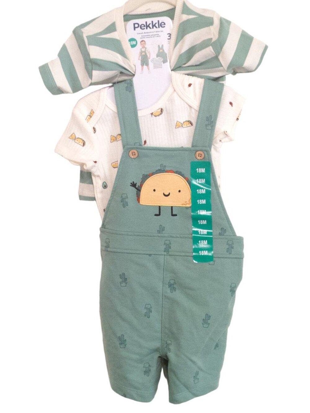 NWT Pekkle 3 Piece Overalls Set 18M Taco Green Striped Tee Bodysuit Boys Gift